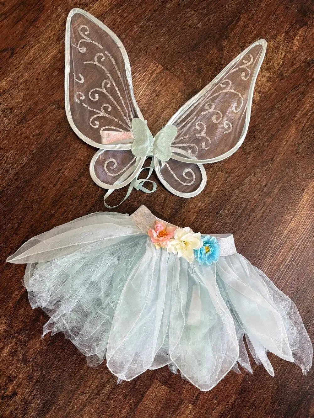Fairy Dust Girls Blue Silver Tulle Tutu Skirt & Butterfly Wings Costume Size 4-7